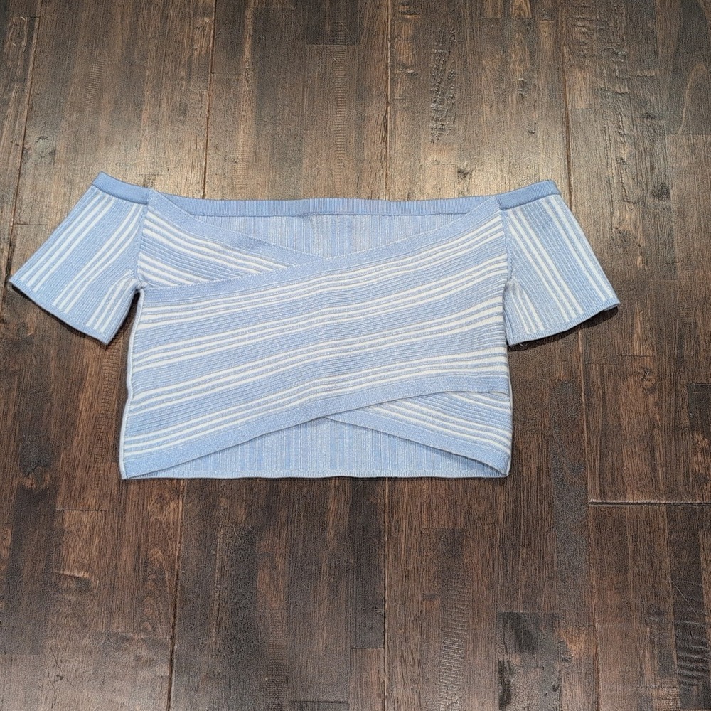 Aerie Off Shoulder Striped Cropped Sweater Top Women's XL Blue White Stretch